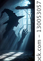 Ghost of young witch in withy hat in the old room of vintage gothic castle. 130053057