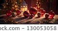 Beautiful red glossy Christmas balls on decorative background with golden lights and bokeh, selective focus. 130053058