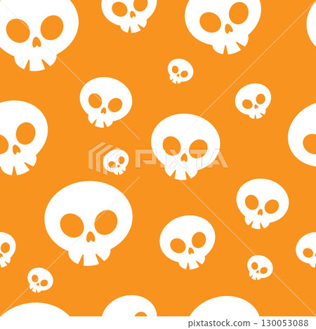 Funny white skulls and flowers isolated on orange background. Cute festive cartoon seamless pattern. Vector simple flat graphic hand drawn illustration. Texture. 130053088