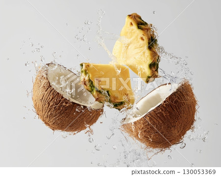 Coconut and pineapple slices splash on white background, tropical fruit explosion, exotic summer  130053369