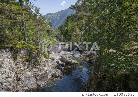 Cascading water flows through a forested valley near Pont d'Espagne in the Pyrenees during a sunny 130053553