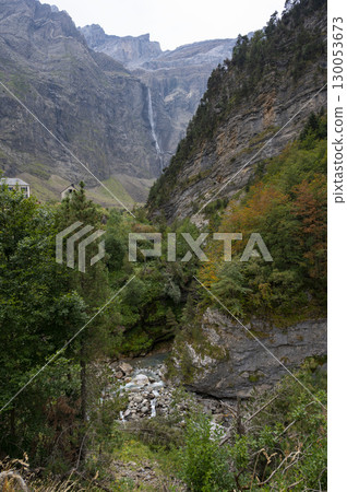 Exploring the majestic Cirque de Gavarnie in the Cauteret Pyrenees with stunning waterfalls and 130053673