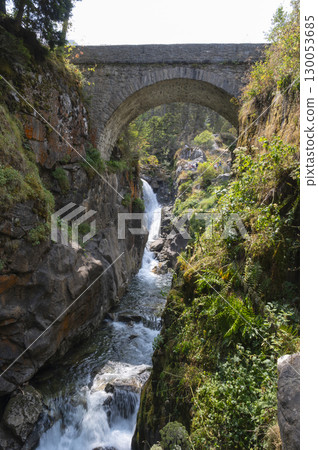 Exploring the serene landscapes of Pyrenees Cauteret with a stone bridge over cascading river at 130053685