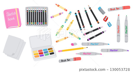 Big set of drawing tools including pencils, markers, sketchbook, crayons, paints and sharpeners, colorful hand drawn vector 130053728