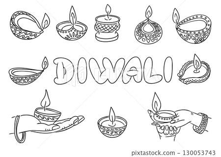 Diwali lamps and decorative diya elements with hands holding candles in traditional style, black and white outline vector Diwali lamps and decorative diya elements with hands holding candles in traditional style, black and white outline vector 130053743