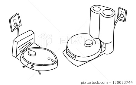 Robot vacuum cleaners with docking stations and electric plugs, black and white outline vector 130053744