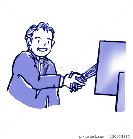 Middle-aged businessman smiling and shaking hands with AI [Pencil drawing blue] 130053815
