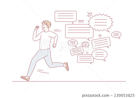 Stressed man running form message notifications Stressed man running form message notifications 130053825
