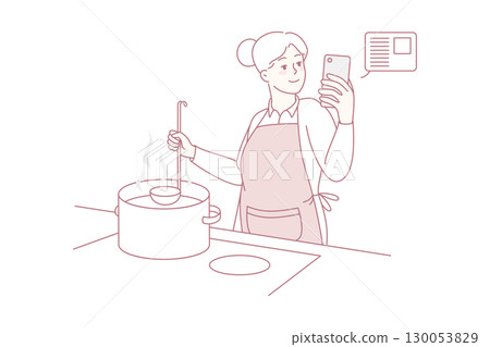 Elderly woman cooking with recipe on cellphone 130053829