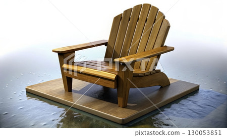 Wooden chair on a floating platform in calm water during sunset with rippling reflections and serene atmosphere Wooden chair on a floating platform in calm water during sunset with rippling reflections and serene atmosphere 130053851