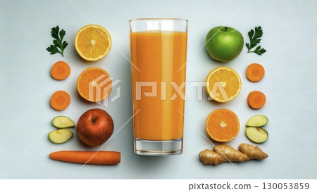 Freshly squeezed juice made from oranges, apples, and carrots arranged artfully on a light blue background 130053859