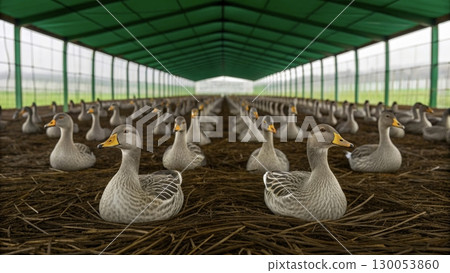 Ducks rest peacefully in a spacious indoor farm facility during a cloudy afternoon 130053860