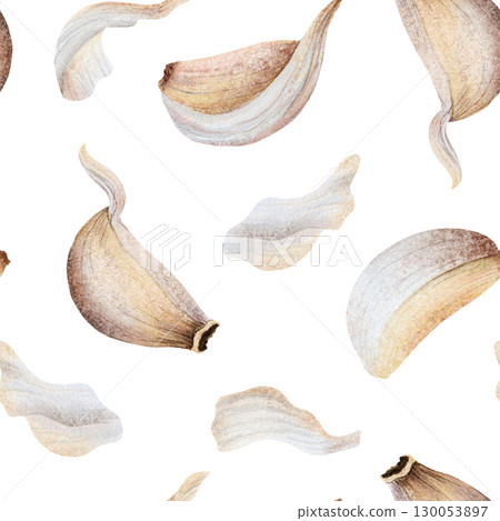 Pastel garlic cloves and husks watercolor seamless pattern on white. Hand drawn organic vegetable parts with skins and peels for kitchen, spicy food and culinary designs. Italian cuisine drawing Pastel garlic cloves and husks watercolor seamless pattern on white. Hand drawn organic vegetable parts with skins and peels for kitchen, spicy food and culinary designs. Italian cuisine drawing 130053897