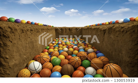 Colorful balls of various types fill a sandpit under a bright blue sky during the day at a recreational area Colorful balls of various types fill a sandpit under a bright blue sky during the day at a recreational area 130053919