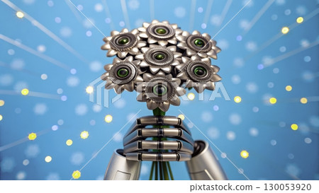 Metallic bouquet featuring flowers designed with gears and technology against a bright blue background Metallic bouquet featuring flowers designed with gears and technology against a bright blue background 130053920