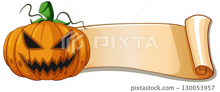 Grinning Jack-o'-Lantern with Blank Scroll Banner 130053957