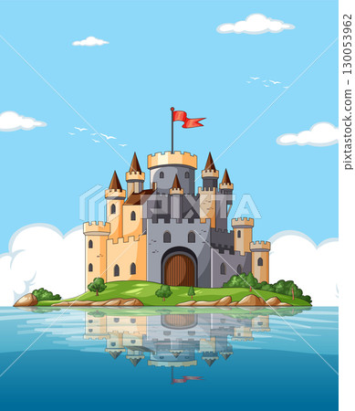 Medieval Castle on Island with Water Reflection 130053962