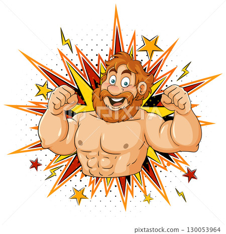 Cartoon Muscular Man Flexing with Comic Burst Background 130053964