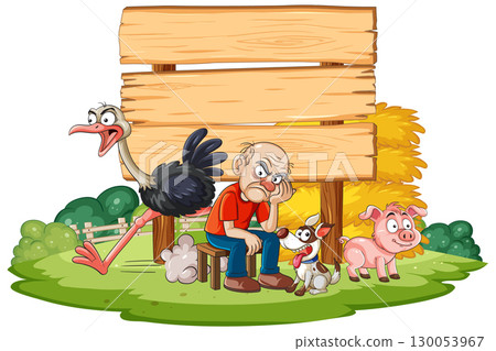 Grumpy Farmer Sitting With Animals Near Blank Wooden Sign Grumpy Farmer Sitting With Animals Near Blank Wooden Sign 130053967