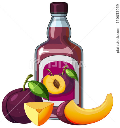 Plum Juice Bottle with Fresh Plum and Slices 130053969