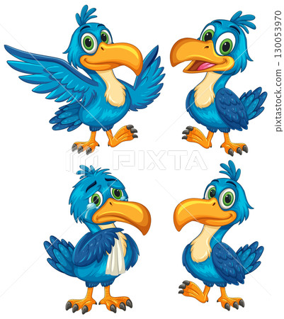 Cartoon Blue Bird Character with Expressive Poses 130053970
