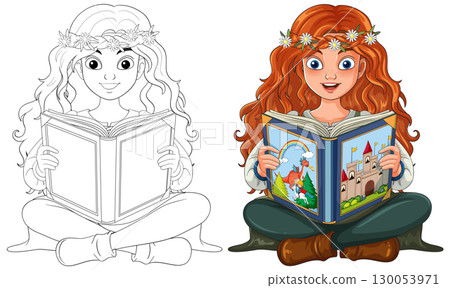 Red-Haired Girl Reading Illustrated Storybook 130053971