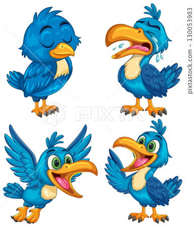 Cartoon Blue Birds Expressing Different Emotions and Actions 130053983