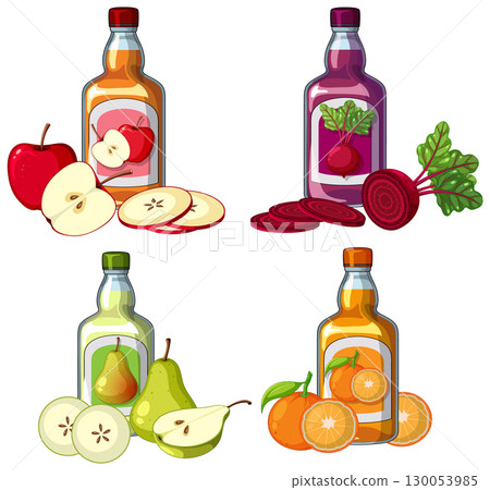 Bottles of Fruit and Vegetable Juice with Fresh Produce 130053985
