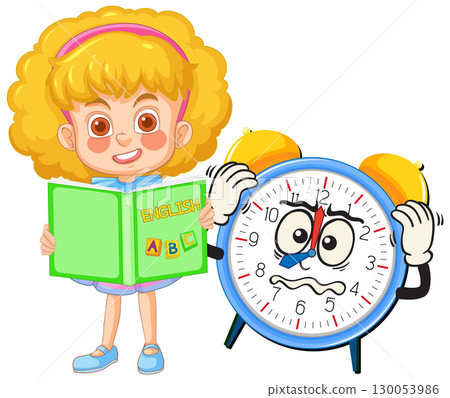Girl Reading English Book Beside Worried Alarm Clock 130053986