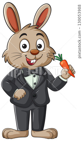 Cartoon Rabbit in Tuxedo Holding Carrot Cartoon Rabbit in Tuxedo Holding Carrot 130053988