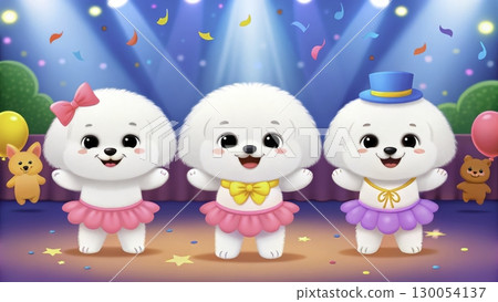 Cute fluffy animals performing a dance routine on a colorful stage during a festive celebration 130054137
