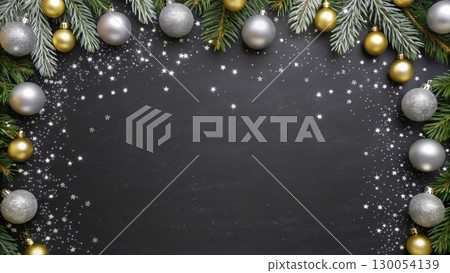 Decorative holiday arrangement featuring shimmering ornaments and evergreen branches in a festive layout 130054139