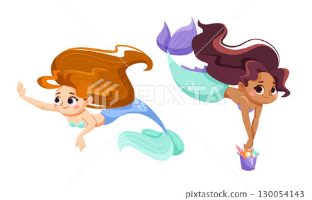 A Vibrant and Colorful Array of Cartoon Mermaids Swimming Gracefully Under the Water 130054143