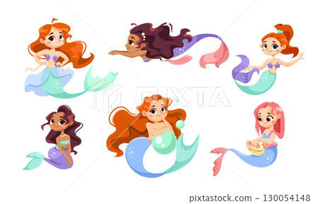 A collection of colorful and playful cartoon mermaids depicted in a variety of joyful poses A collection of colorful and playful cartoon mermaids depicted in a variety of joyful poses 130054148
