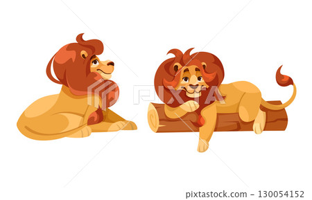 A delightful scene featuring playful cartoon lions happily relaxing in a lush forest setting 130054152