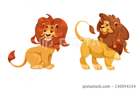 A series of Playful Cartoon Lions each featuring Unique and Distinctive Hairstyles that charm 130054154