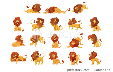 Vector Illustrations Featuring Cartoon Lions Displaying Various Poses and Expressions 130054163