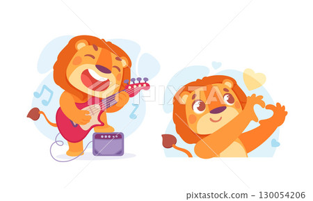 A Cheerful Cartoon Lion Having Fun While Playing Guitar and Joyfully Expressing Love and Happiness A Cheerful Cartoon Lion Having Fun While Playing Guitar and Joyfully Expressing Love and Happiness 130054206