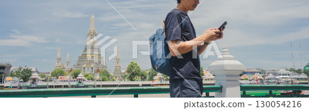 solo travel with asian man chilling see city life in bangkok thailand in summer season 130054216