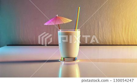 Colorful drink with an umbrella and straw on a reflective surface in a softly lit space Colorful drink with an umbrella and straw on a reflective surface in a softly lit space 130054247
