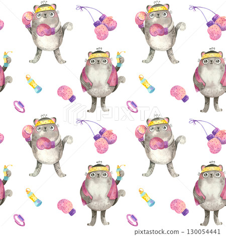 Seamless pattern with Boxer cats for sports goods. Cute character in boxing gloves. Watercolor illustrations on white background. Seamless pattern with Boxer cats for sports goods. Cute character in boxing gloves. Watercolor illustrations on white background. 130054441