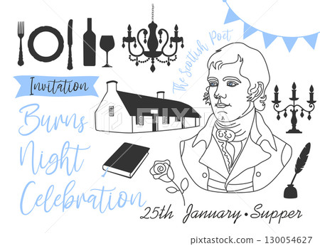 Robert Burns Night 25th January, United Kingdom Scotland flags. Vector vintage invitation illustration 130054627