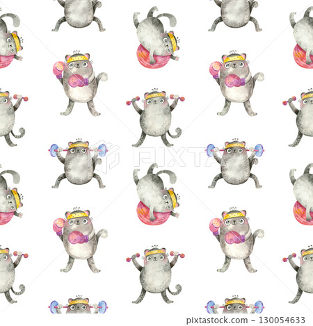 Seamless pattern with Boxer cats in boxing gloves and playing fitball kittens. Backdrop for sports goods. Cute characters. Watercolor illustrations on white background. 130054633