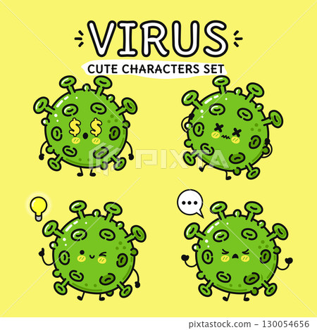 A cute set of cartoon virus characters expressing various emotions, perfect for medical or educational content. A cute set of cartoon virus characters expressing various emotions, perfect for medical or educational content. 130054656