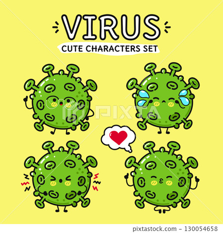 Cute cartoon virus characters expressing emotions on a bright yellow background, ideal for various designs. Cute cartoon virus characters expressing emotions on a bright yellow background, ideal for various designs. 130054658