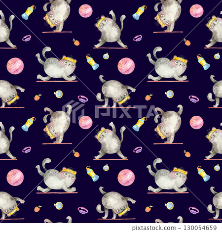 Seamless pattern with Yoga Cats for sports goods. Cute characters in various asanas. Watercolor illustrations on dark background. Seamless pattern with Yoga Cats for sports goods. Cute characters in various asanas. Watercolor illustrations on dark background. 130054659