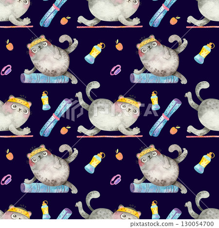Seamless pattern with Yoga Cats for sports goods. Cute characters in various asanas.  Watercolor illustrations on dark background. 130054700