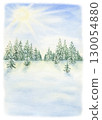 Winter landscape of coniferous Forest and Snow. Watercolor illustration of a sunny morning with Christmas trees. Hand drawn vintage sketch on white isolated background. Water color painting art image 130054880