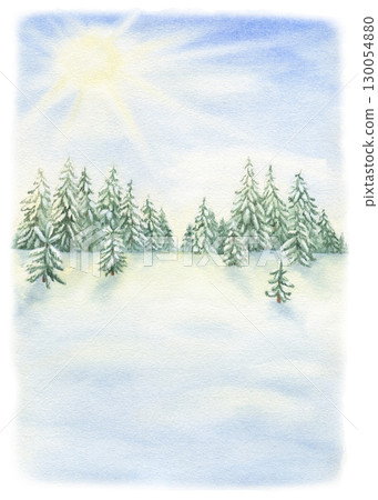 Winter landscape of coniferous Forest and Snow. Watercolor illustration of a sunny morning with Christmas trees. Hand drawn vintage sketch on white isolated background. Water color painting art image 130054880