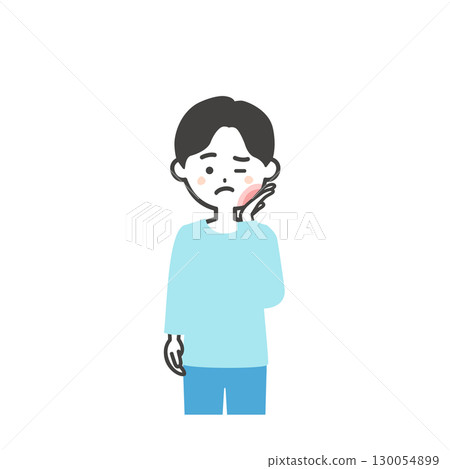 Illustration of a boy holding his swollen cheeks Illustration of a boy holding his swollen cheeks 130054899